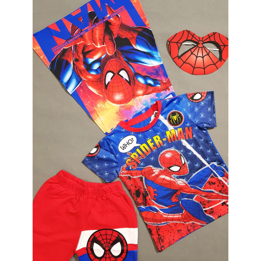 Bộ thun cotton người nhện spiderman kèm khăn choàng mặt nạ bé trai