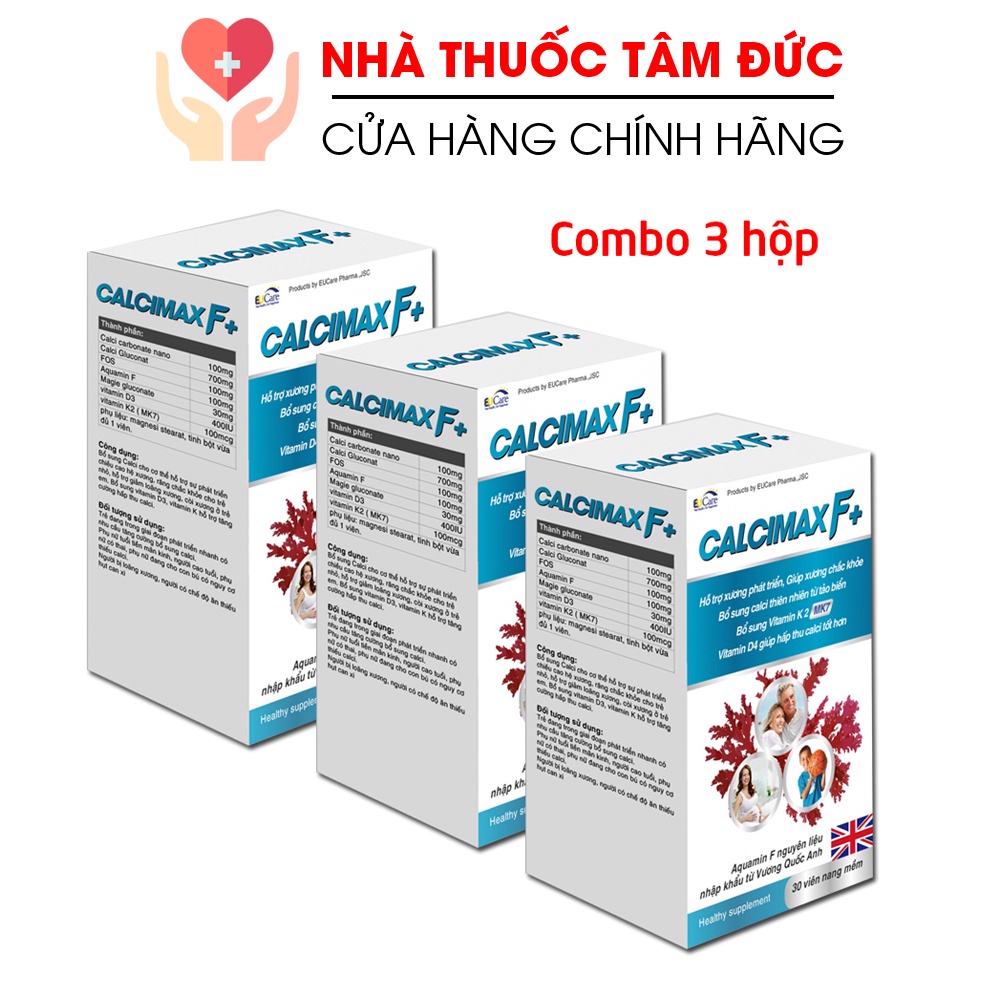 Combo 3 hộp Canxi cho bà bầu, trẻ em, người lớn Calcimax F+ Bổ sung Canxi, Vitamin D3, Vitamin K2 - Hộp 30 viên
