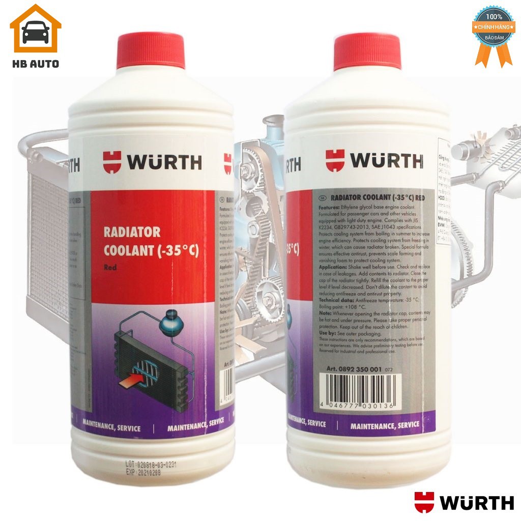 Combo Chất Súc Rửa Hệ Thống Giải Nhiệt Wurth 250ml 0892350001 và Nước Giải Nhiệt -35 độ C Màu Đỏ Wurth 1L 5861510250