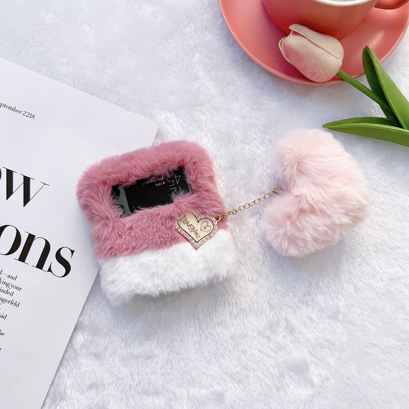 Bao Da Điện Thoại Gắn Hình Trái Tim 3d Bằng Vải Lông Xù Êm Ái Ấm Áp Cho samsung z flip 3 flip4 galaxy Zflip