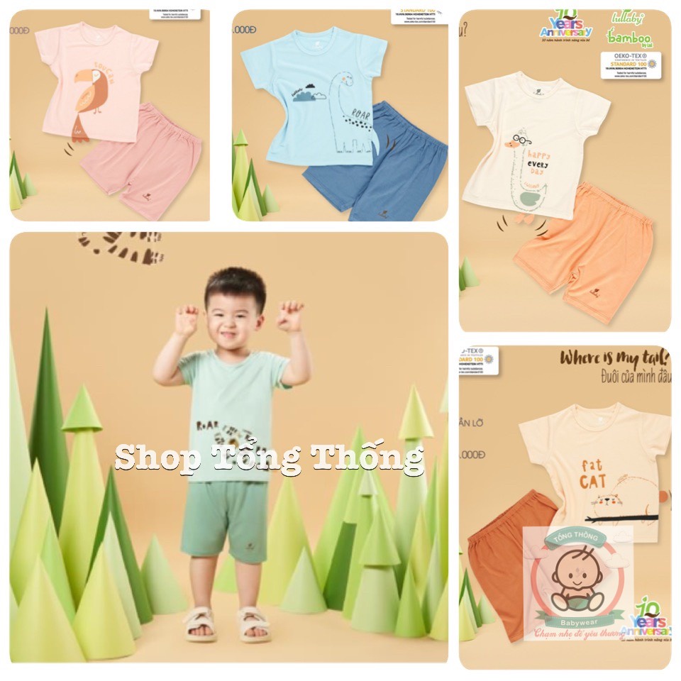 Bộ Lullaby cộc tay bamboo cao cấp mềm mịn thoáng mát thấm hút tốt in hình con vật quần lỡ cho bé trai bé gái NH334M