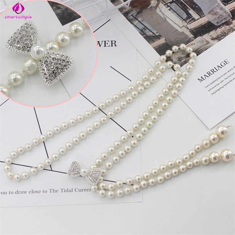 Thắt lưng đàn hồi đính hạt ngọc trai nhân tạo khóa cài hình nơ thanh lịch thời trang cho nữ