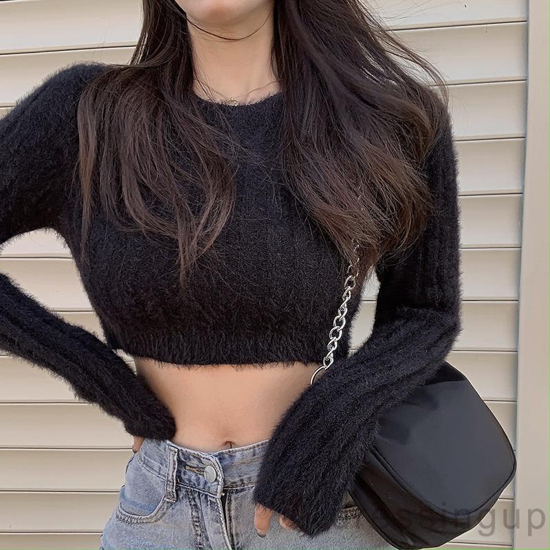 Áo croptop dệt kim cổ tròn tay dài màu trơn thời trang mùa xuân cho nữ