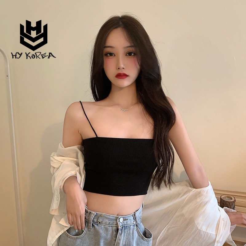 Áo 2 dây nữ croptop trơn HY KOREA dáng ngắn ôm Freesize