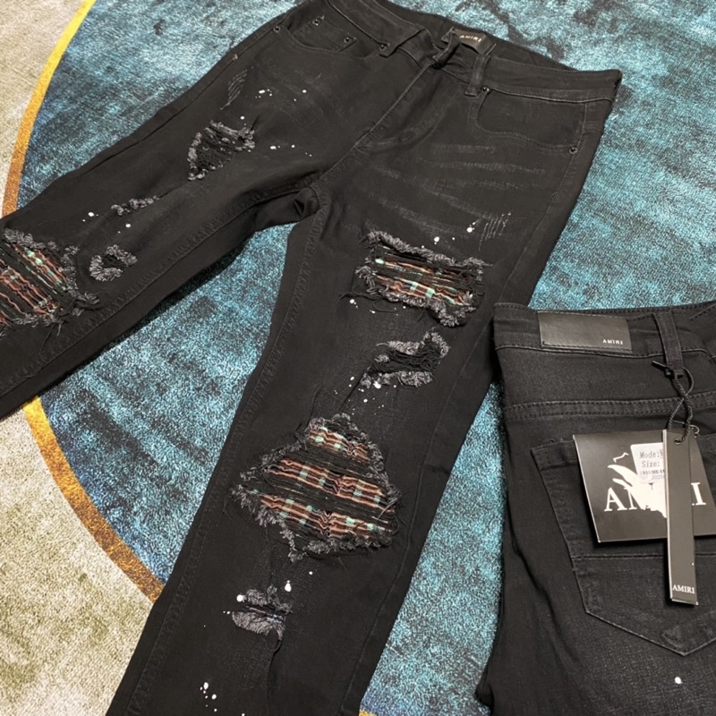 Quần jean vá nhăn kẻ màu xanh nâu,quần bò rách gối vá nhăn amirii