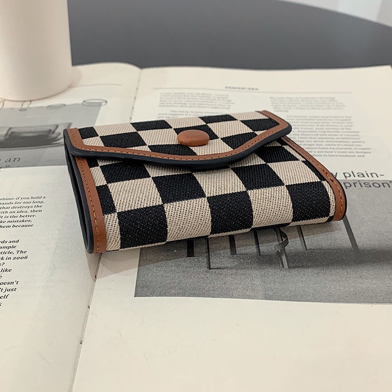 Ví Ngắn Kẻ Sọc Ca Rô Chất Liệu Canvas Phong Cách Retro kf051