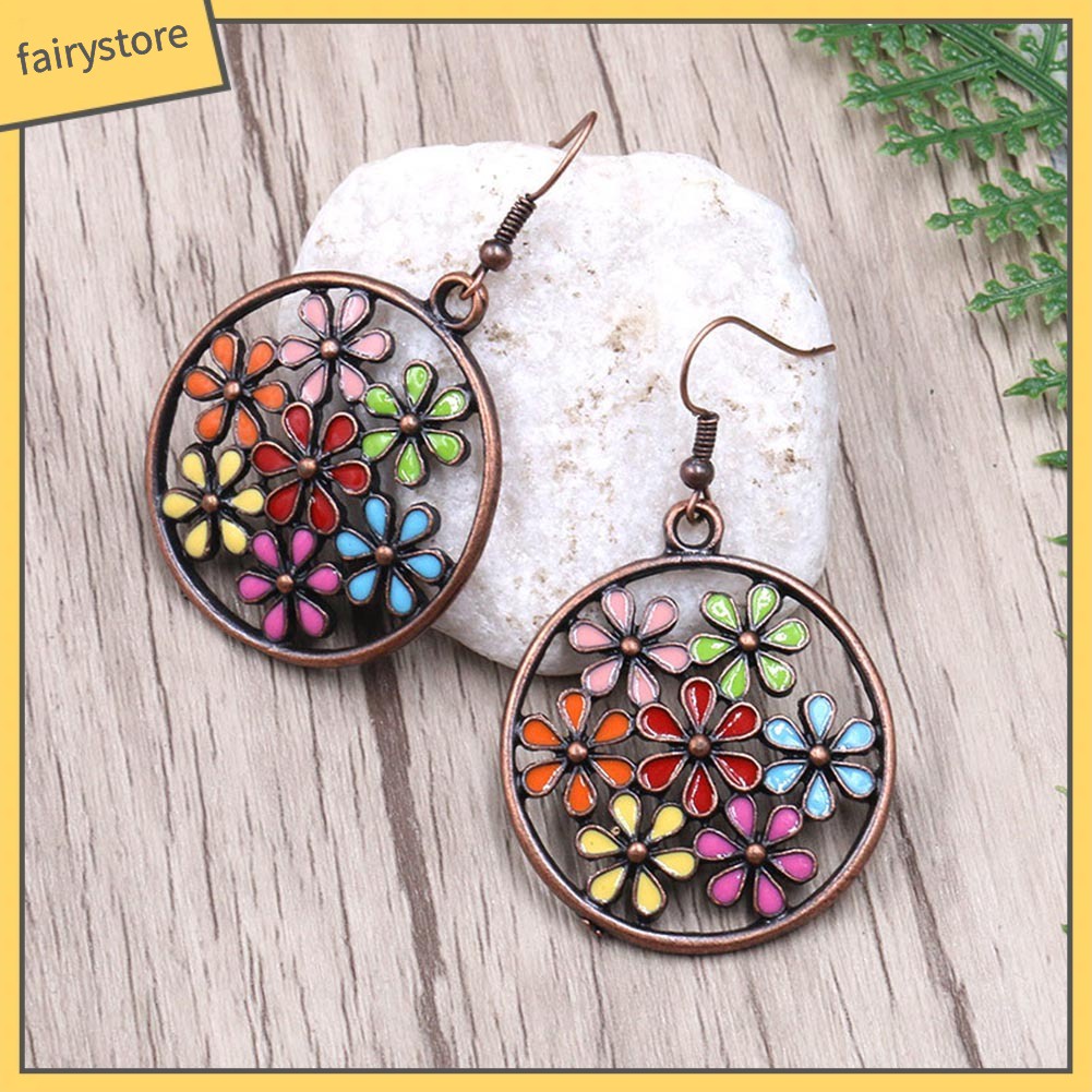 Bông tai trang sức mặt hoa tròn cỡ lớn kiểu Bohemian nhiều màu thời trang nữ