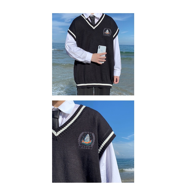 Áo khoác len không tay màu trắng phong cách học sinh thời trang mùa thu dành cho nam