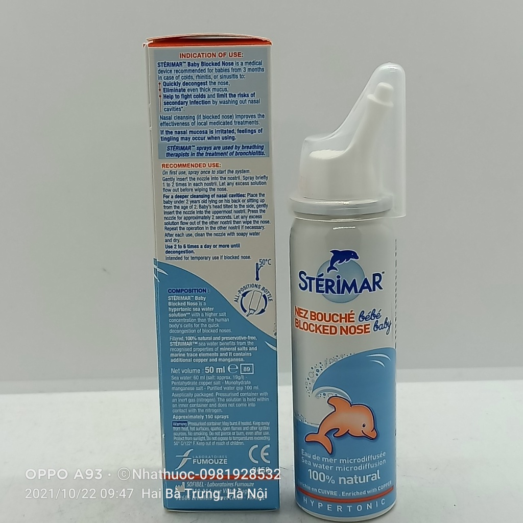 Xịt muối biển STERIMAR blocked  cá heo cam lọ 50ml chuyên dành cho mũi ngạt
