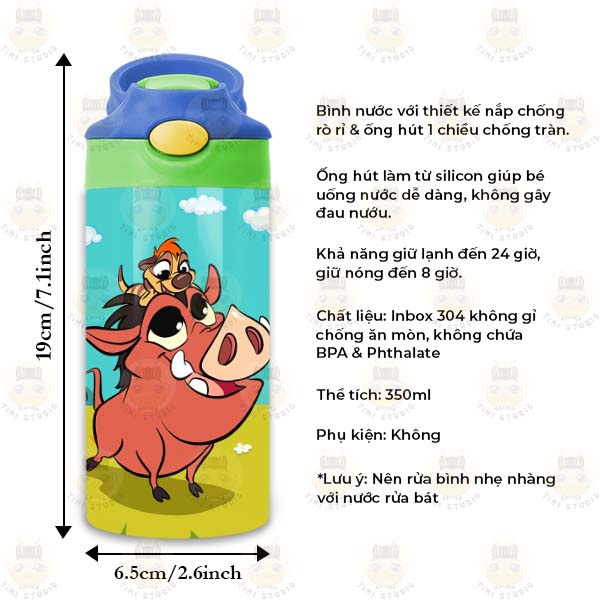 Bình Uống Nước Giữ Nhiệt Cho Bé Có Ống Hút Hình Lion King - Tỉ Mỉ Studio