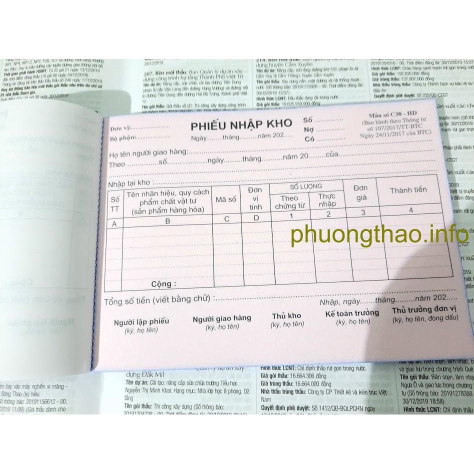 Phiếu xuất kho, phiếu nhập kho/ giấy carbon - Loại dày (1 liên, 2 liên, 3 liên/ A4/ A5 ).