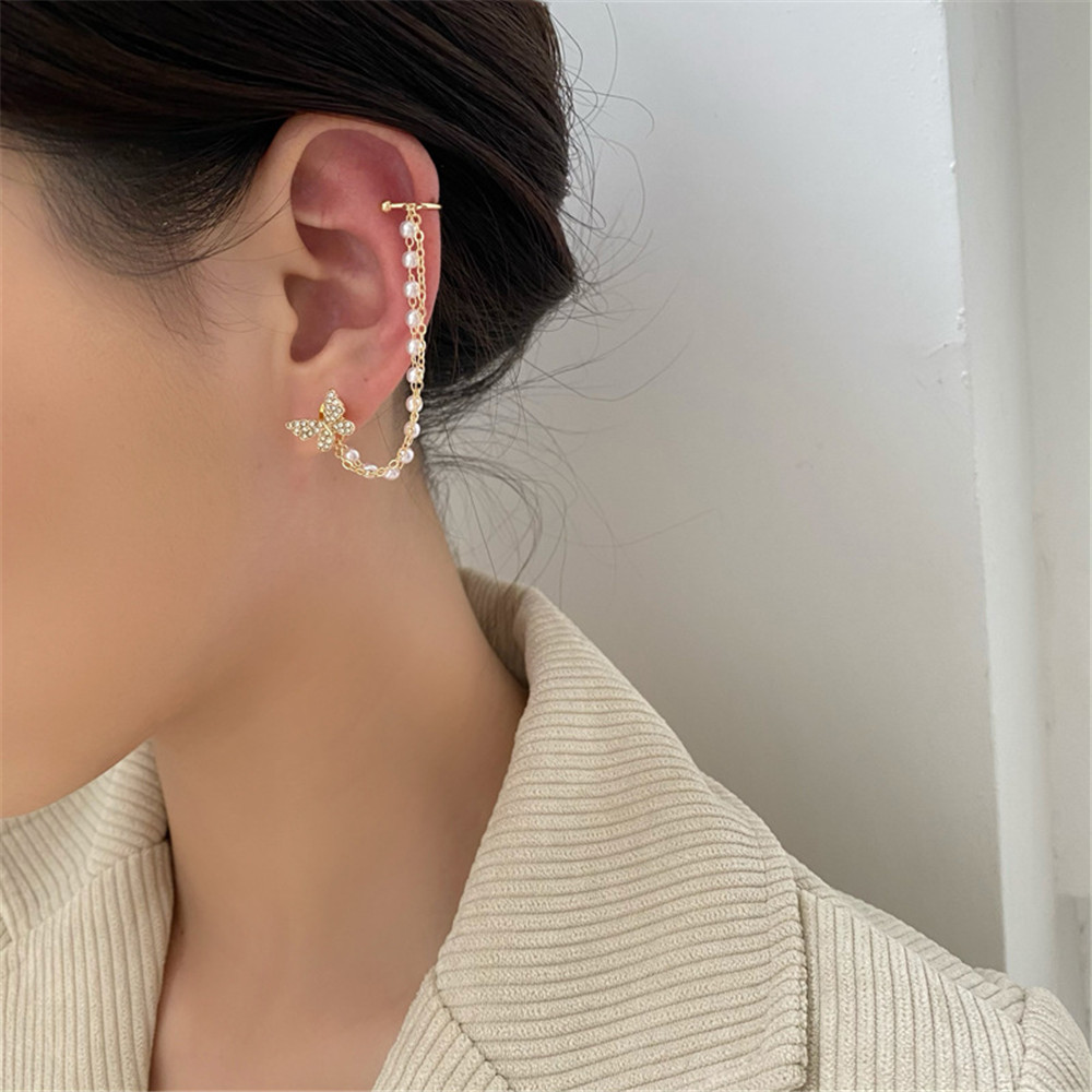 Khuyên Tai Dáng Dài Mặt Bướm Khảm Đá Phối Ngọc Trai Thanh Lịch