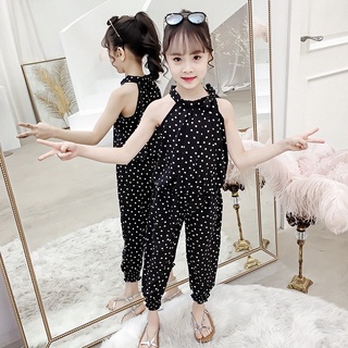 Bộ quần áo cộc tay cho bé gái cổ yếm cách điệu chất phi lụa hoạ tiết chấm bi mã HD004