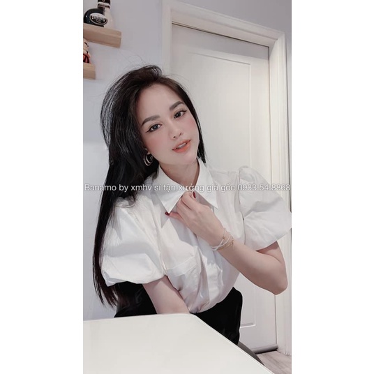 Áo sơ mi nữ tay bồng hàng thiết kế thời trang Banamo Fashion áo sơ mi cộc tay 3920