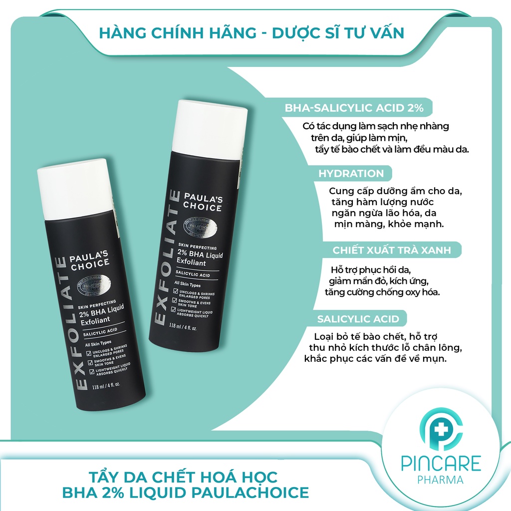 Tẩy da chết hoá học Paula's Choice Skin Perfecting 2% BHA Liquid se khít lỗ chân lông - Hàng chính hãng - PinCare