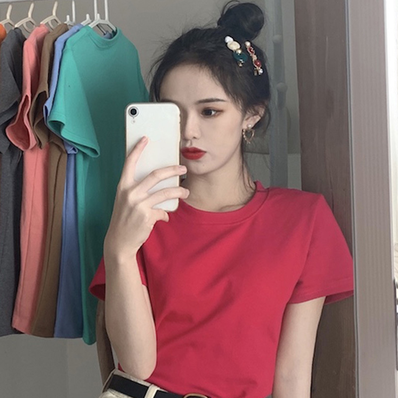 Áo Thun Nữ Cổ Tròn Tay Lửng Dáng Rộng Màu Kẹo Ngọt Phong Cách Hàn Quốc Thời Trang Mùa Hè Mới 2021