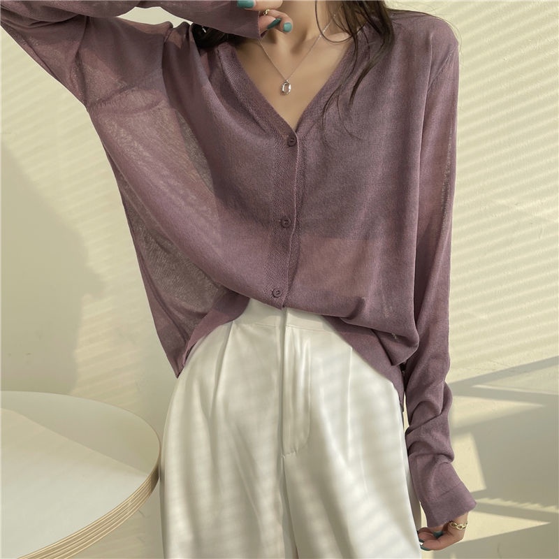 Jiashucheng Áo Cardigan Dệt Kim Tay Dài Chống Nắng Phong Cách Xuân Hè Thoáng Khí Mỏng Cho Nữ v-Ne