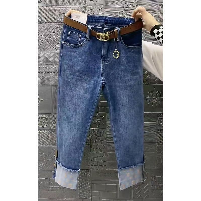 Quần jean ống rộng co giãn lưng cao thêu chân cho phụ nữ vào mùa xuân 2022