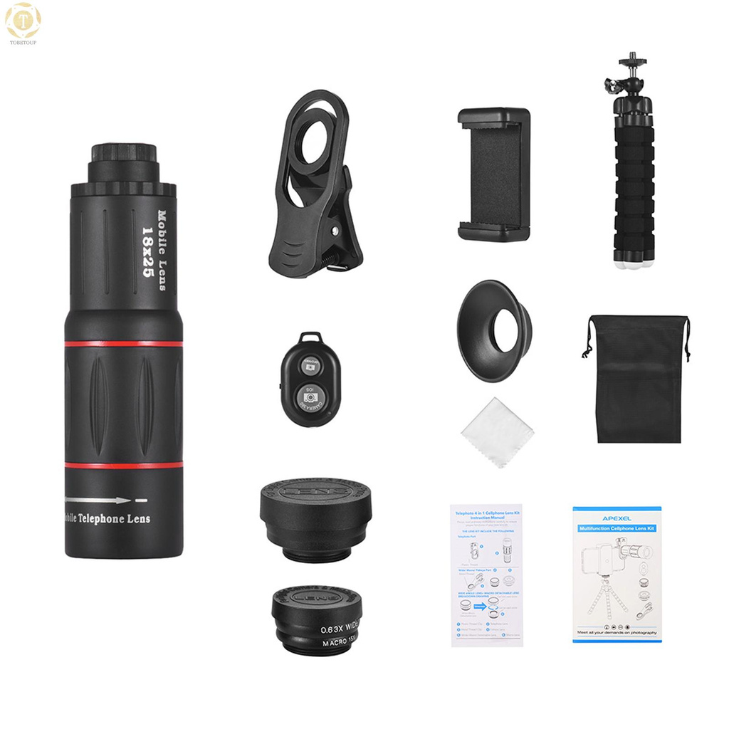 Shipped within 12 hours】 APEXEL APL-T18XBZJ5 Telephoto 4 in 1 Cellphone Lens Universal Kit 18X Mobile Phone Telephoto Lens 198° Fisheye Lens 0.63X Wide Angle 15X Macro Lens with Remote Shutter Mini Tripod Phone Holder for iPhone Samsung Huawei Xiaom [TO]