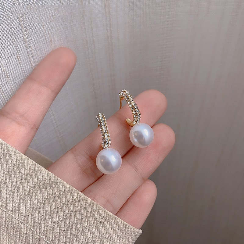 Bông tai kiểu Pháp dáng chữ C đính đá và gắn hạt MS162