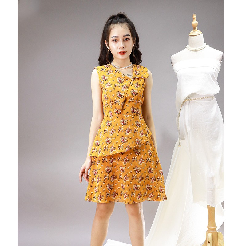 Đầm dáng xòe, bèo tầng, cổ ve lệch Emspo DS4030