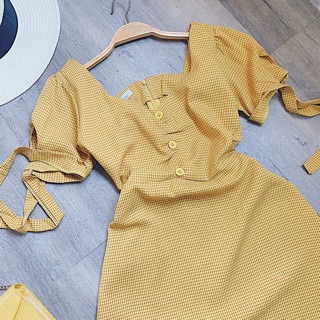 Đầm caro vàng tay nơ (kèm hình thật)