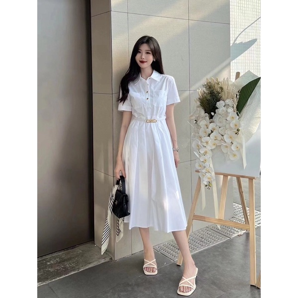 Đầm sơ mi trắng tay ngắn phối đai thắt eo mẫu mới mùa hè Gucci GC cao cấp