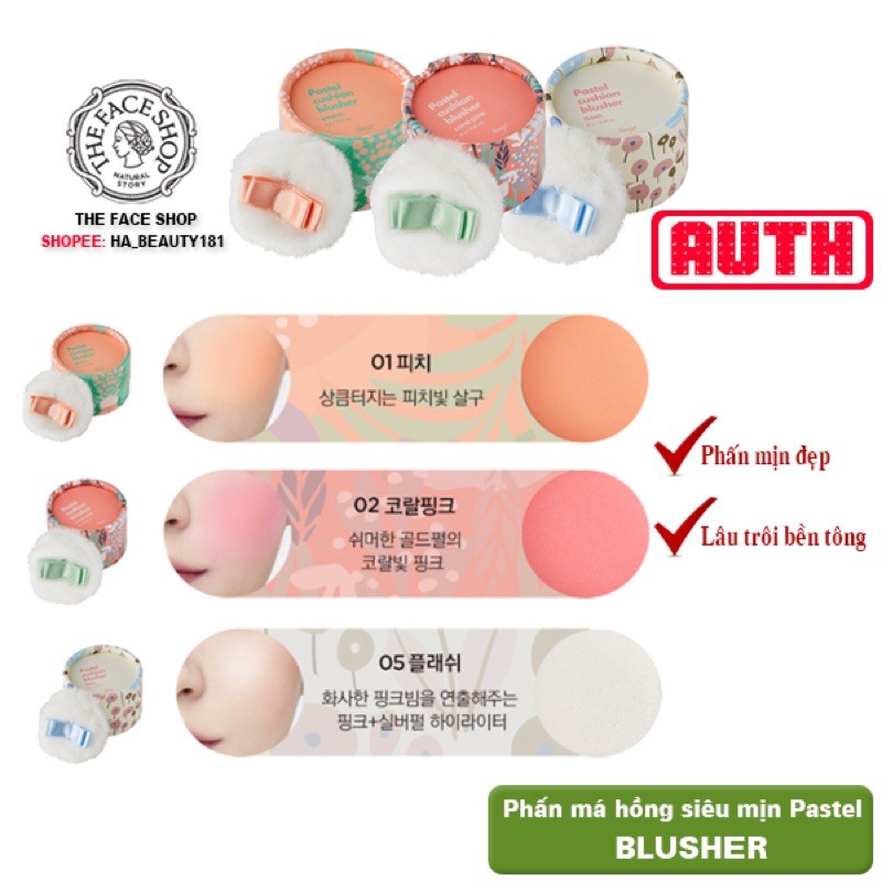 Phấn má hồng dạng bột The Face Shop siêu mịn kiềm dầu lâu trôi Hàn Quốc Pastel Cushion Blusher 6g