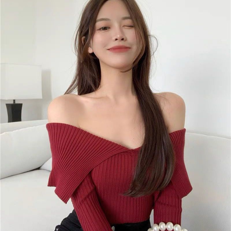 COZOK Áo Len Tay Dài Trễ Vai Form Ôm Kiểu Dáng Đơn Giản Hợp Thời Trang