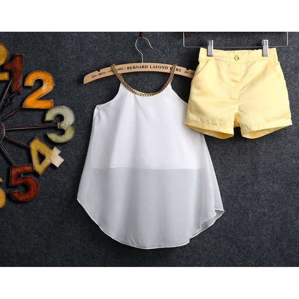 ღ♛ღWhite Baby Kids Girl Chiffon Woven Strap Tops Shirt Hot Pants 2PCS Outfits 2-11Y