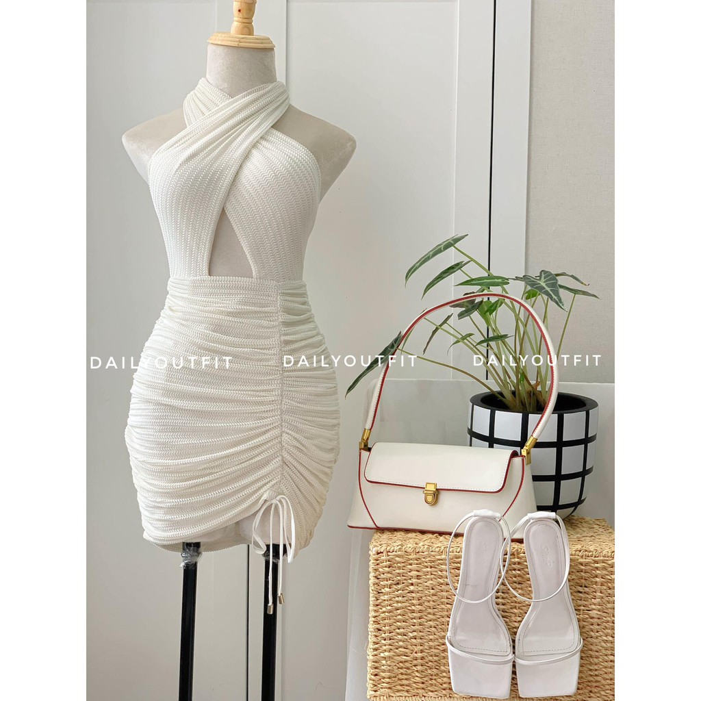 Váy body cổ yếm cột dây nhún đùi chất thun hoạ tiết gân co giãn tốt - Trắng - Vàng - Đen