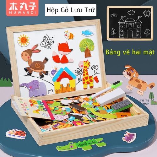 Xếp hình nam châm chủ đề thú rừng , lắp ráp trang phục thú rừng Forest Paraddise, bảng 2 mặt kèm phấn cà bút dạ MWZ-2015