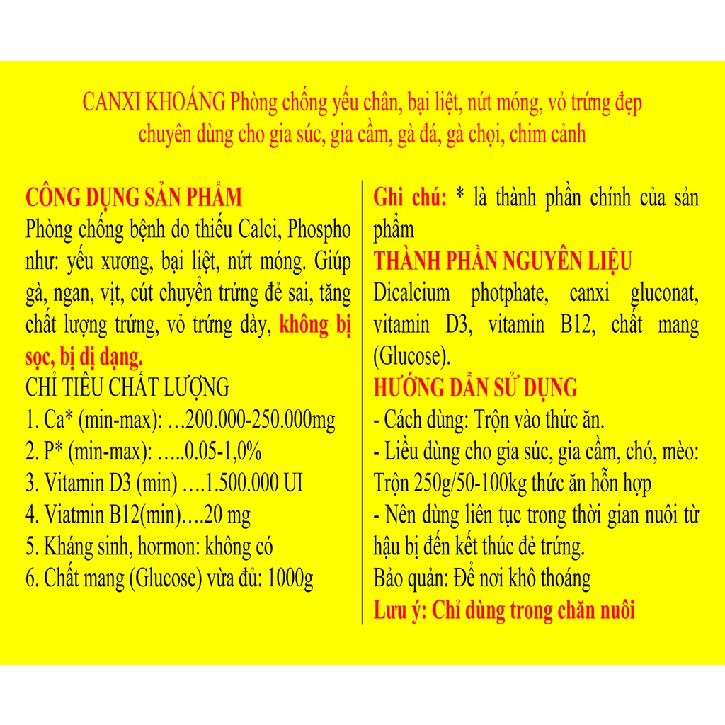 1 gói CALCI - KHÁNG VI LƯỢNG 200g BỔ SUNG KHOÁNG CHO GIA SÚC, GIA CẦM, GÀ CHỌI, GÀ ĐÁ, CHIM CẢNH PHÒNG NGỪA BẠI LIỆT