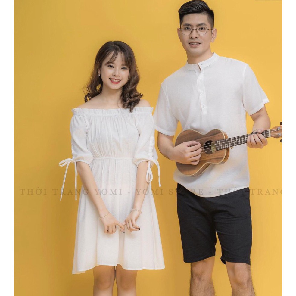 ☬Set Đôi Nam Nữ Đi Biển Áo sơ mi lá chất mát váy du lịch trễ vai