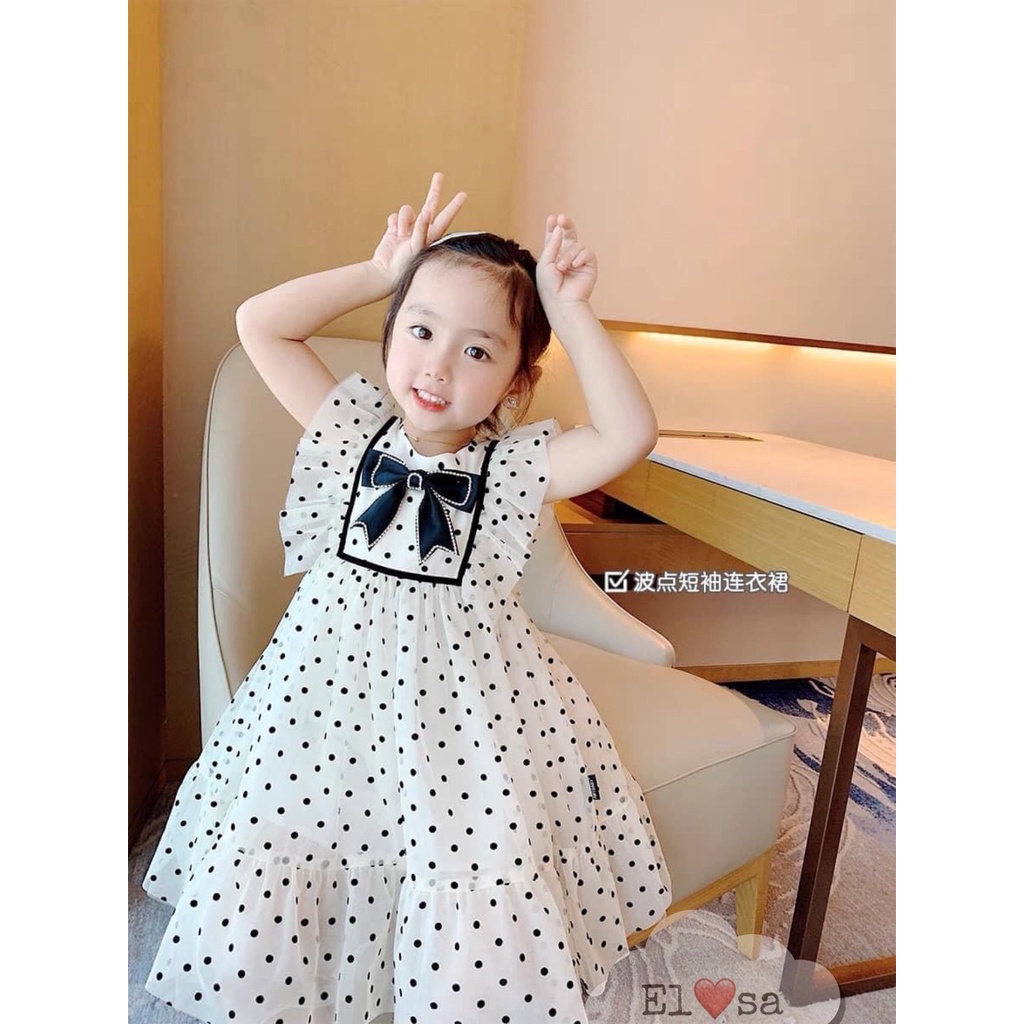 Váy bé gái chấm bi voan tơ cài nơ ngực XHN887
