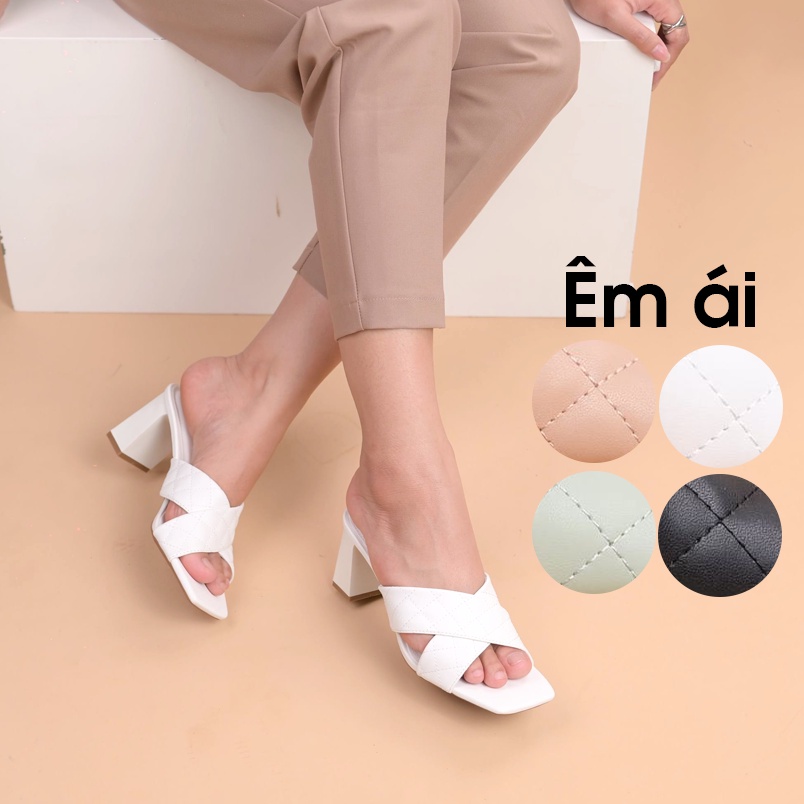 Dép cao gót nữ, Guốc mũi vuông gót trụ 7cm 2 quai chéo trần chỉ - Kimy Store
