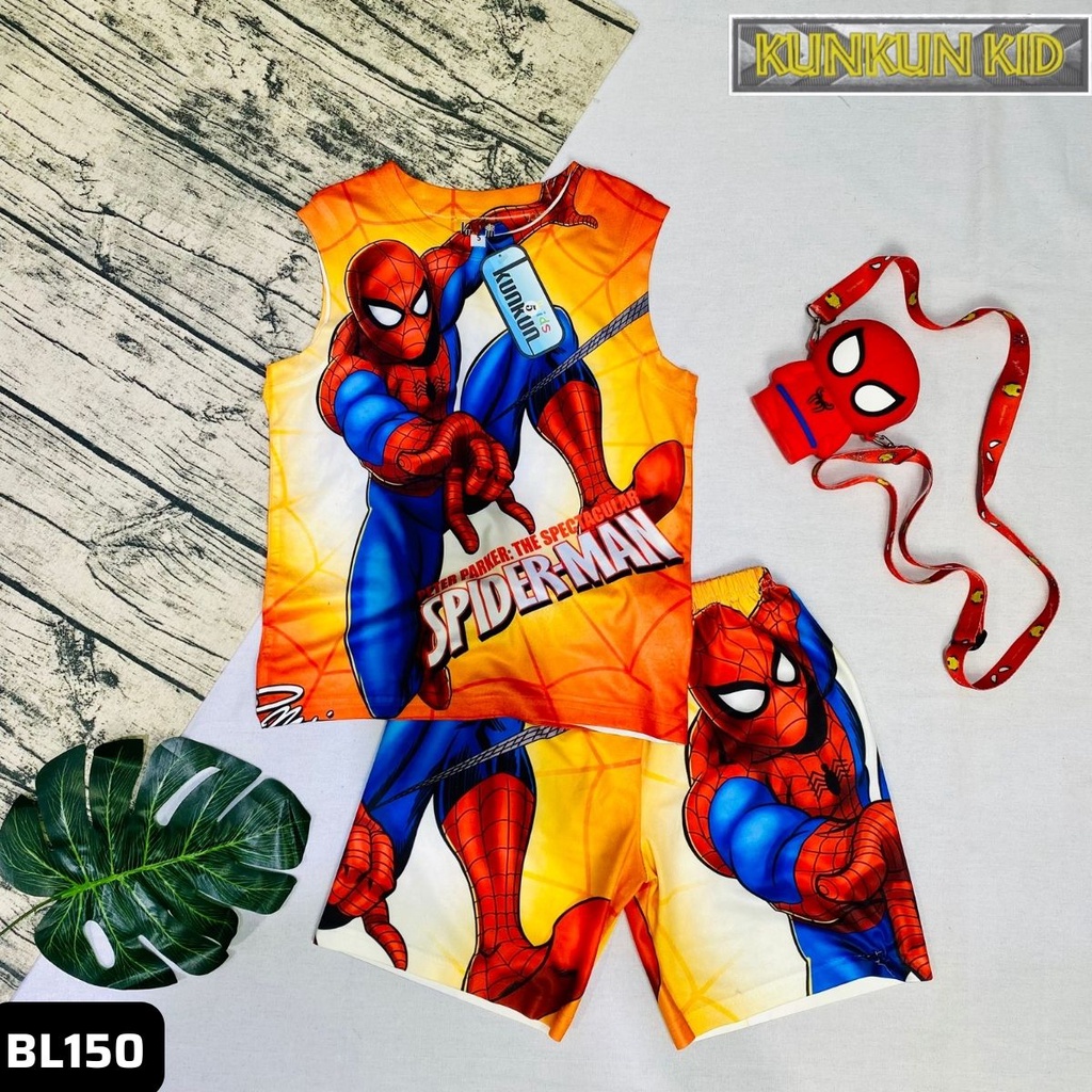 Bộ ba lỗ bé trai chất Thun lạnh in 3D hình người nhện spiderman Kunkun Kid BL150