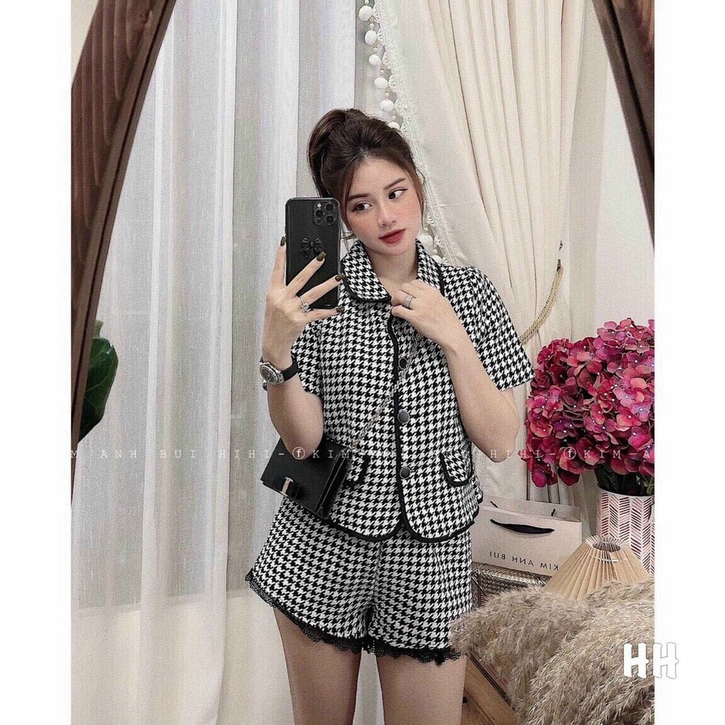 Set bộ tiểu thư caro cổ bẻ, áo kiểu nữ, set bộ đi chơi quần đùi ngắn, quần short nữ viền ren