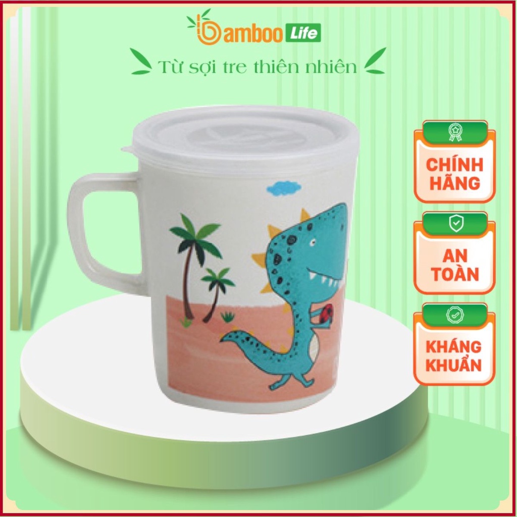 Cốc uống nước cho bé sợi tre Bamboo Life BL706 có nắp, ly uống nước cho bé có nắp hình thú siêu cute thể tích 330ml