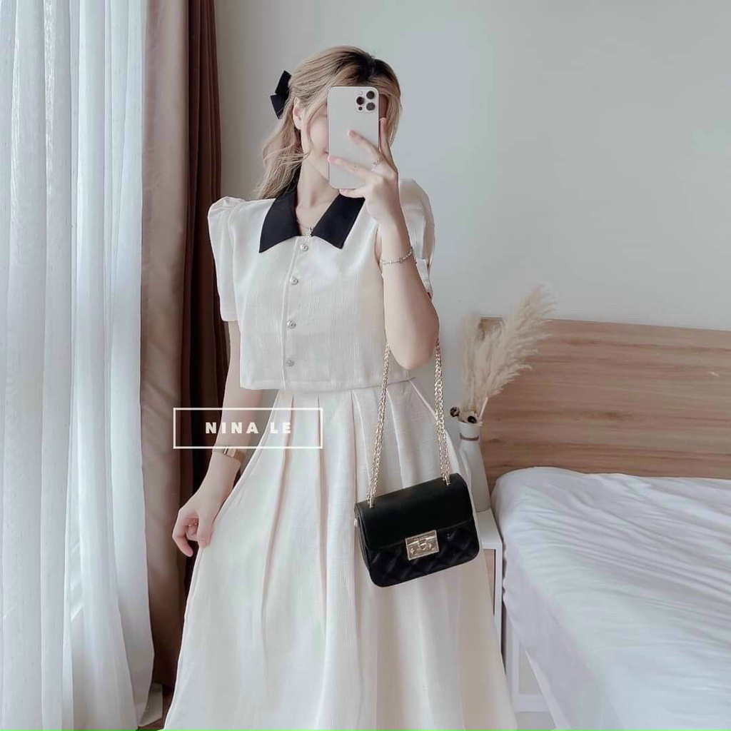 Sét váy thời trang nữ mặc đi chơi chất xốp nhật tay búp phối cổ đen mix chân váy có lót
