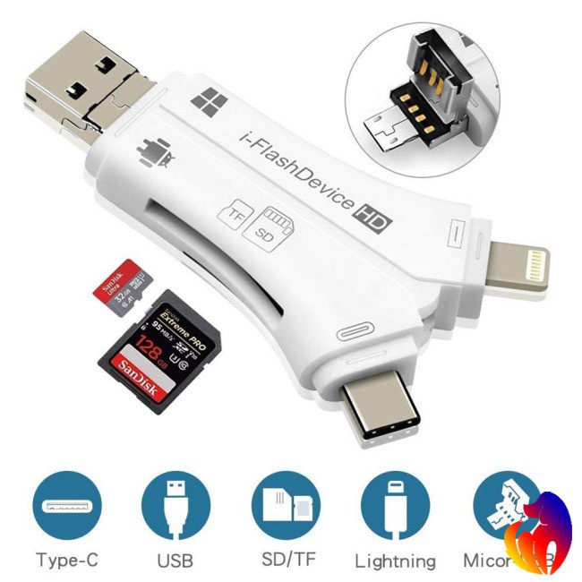 Đầu đọc thẻ cho iPhone/Micro USB/USB Loại-C/USB SD 4 trong 1