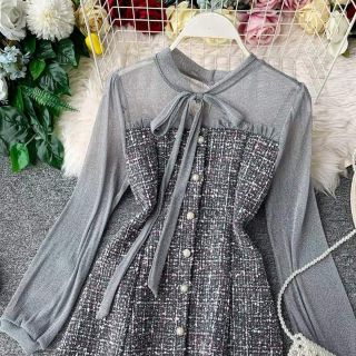 Váy Dạ Tweed Phối Nơ Cổ Xinh