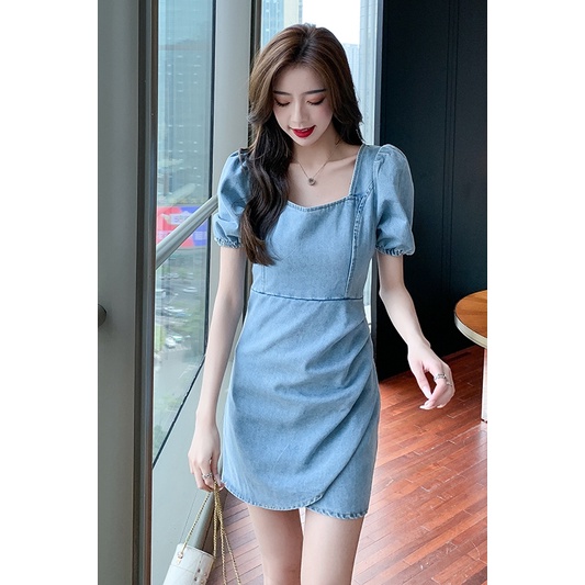 Đầm Denim Tay Phồng Cổ Vuông Phong Cách Retro Pháp