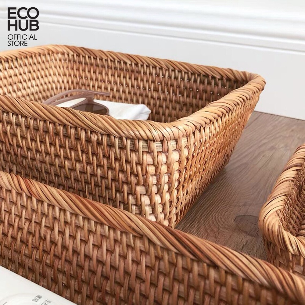 Giỏ mây ECOHUB hình chữ nhật đáy vát đựng hoa quả, bánh kẹo (Rectangular Rattan Basket With Beveled Bottom)