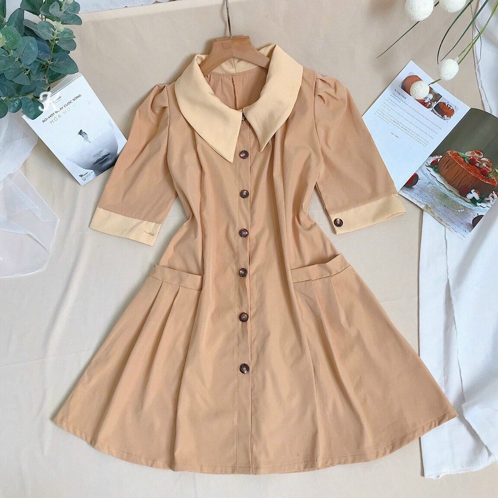 Đầm Chữ A Cổ Sen Cài Nút Nữ Tính Màu Nâu Nhạt Chít Eo Mặc Đi Làm, Đi Tiệc Cực Xinh Thời Trang Nữ Minh Phúc