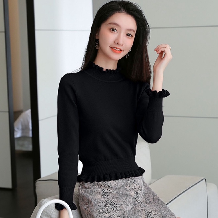 【ZHELIHANGFEI】Áo Dệt Kim Tay Phồng Dáng Ôm Xinh Xắn Thời Trang