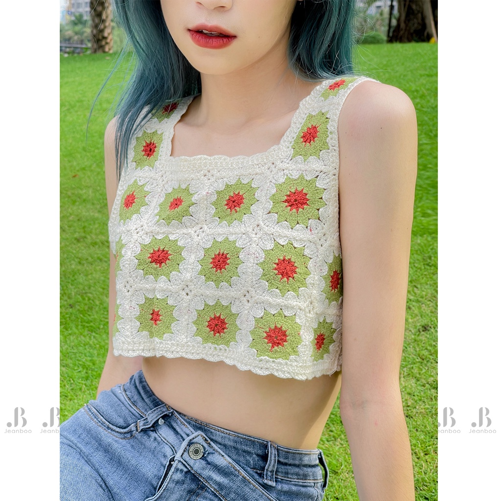 Áo croptop nữ 2 dây bản to Hoa mặt trời, áo croptop cổ vuông crt len ôm body - Jeanboo