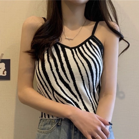 Áo Hai Dây Dệt Kim Ôm Dáng Họa Tiết Ngựa Vằn Thời Trang Mùa Hè Cho Nữ