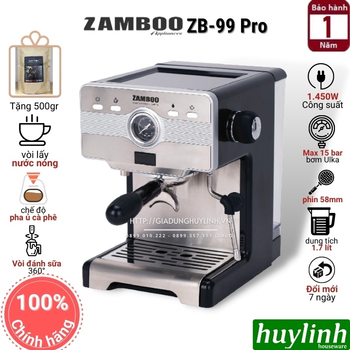 [Mã ELHAMS5 giảm 6% đơn 300K] Máy pha cà phê Espresso Zamboo ZB-99 PRO - Tặng 500gr cafe