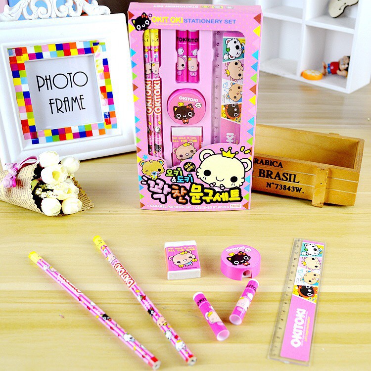 Dụng cụ học tập, set 7 món bút chì,thước kẻ,gôm tẩy,gọt bút chì,nắp đậy_văn phòng phẩm dễ thương